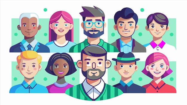 una serie de personas con diferentes caras y un hombre con una camisa azul