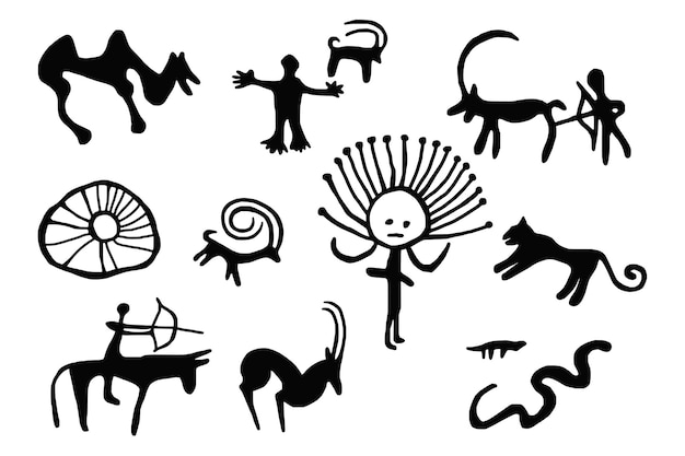 Una serie de petroglifos, pinturas rupestres de Asia Central, diseño vectorial