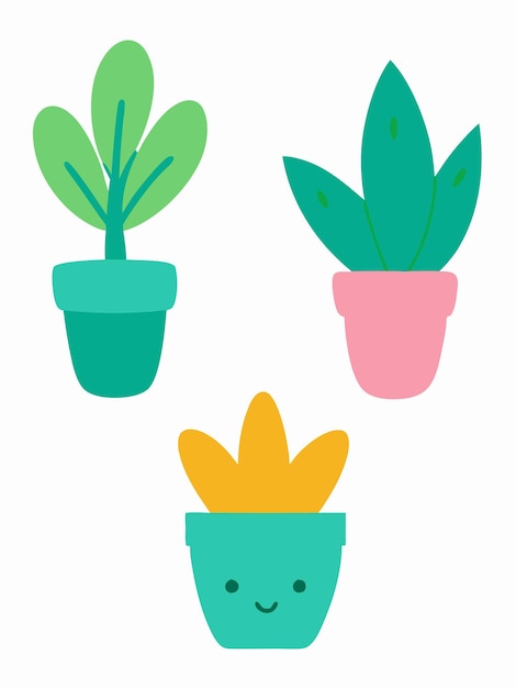 una serie de plantas en maceta con una cara de dibujos animados