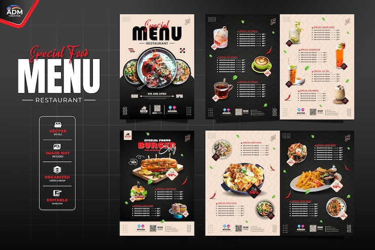 Vector serie de plantillas de promoción de menús alimenticios