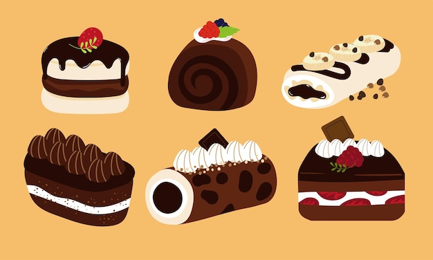 Una serie de postres de chocolate en estilo vectorial de color plano set 2