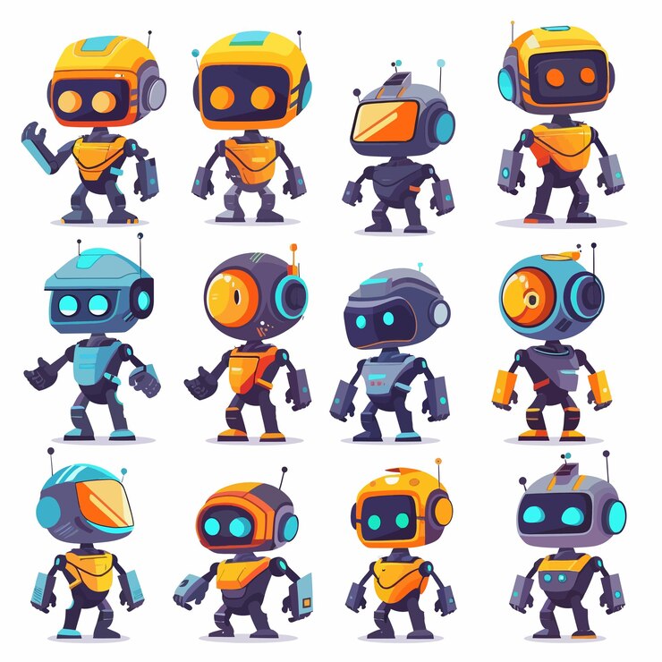 Vector una serie de robots con diferentes caracteres, incluido uno que dice robot