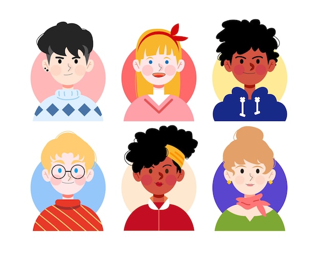 Una serie de rostros de niños, incluido uno con un suéter azul y un sombrero rojo.