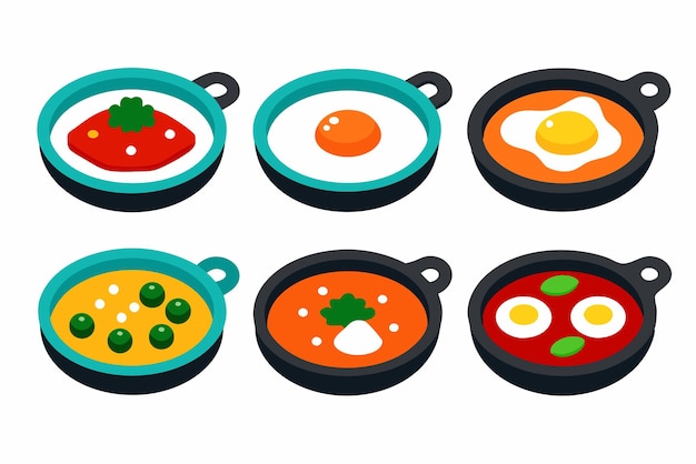 una serie de sartenes con huevos de diferentes colores y una imagen de un plato de comida