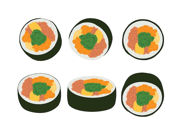 Una serie de sushi con una verdura verde encima.