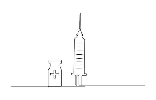 Seringa médica y frasco con medicamento líquido en una ilustración vectorial de dibujo de línea continua