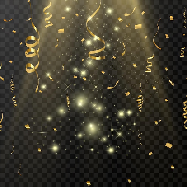 Serpentina de oro y confeti aislado sobre fondo negro Ilustración vectorial