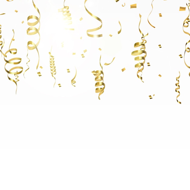 Vector serpentina de oro y confeti aislado sobre fondo negro. ilustración vectorial