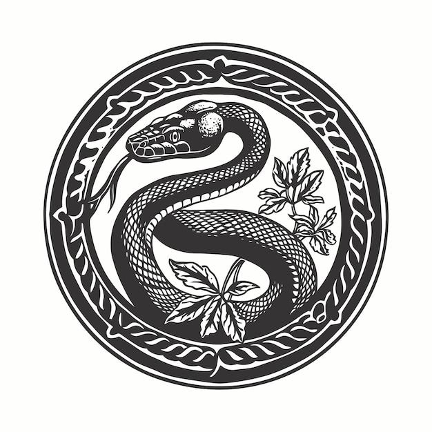Serpentine Elegance estilizado negro y blanco logotipo vectorial de serpiente Ilustración con borde adornado