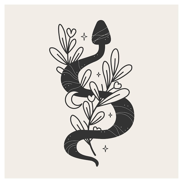 Serpiente bruja celestial entre las ramas Símbolo de magia y brujería Ilustración vectorial