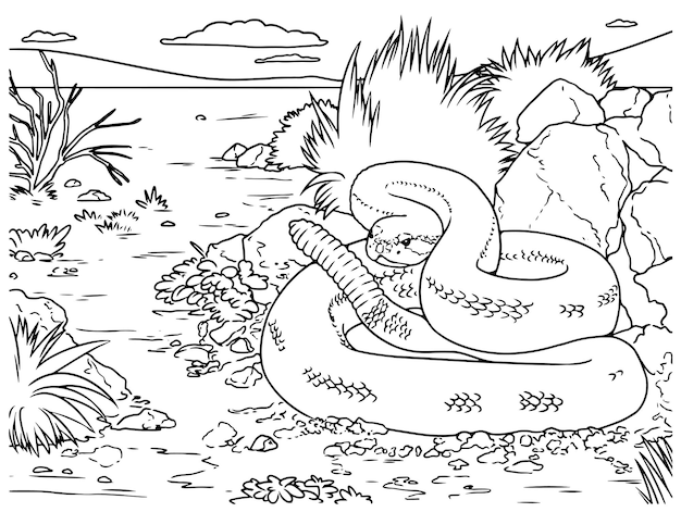 Serpiente de cascabel de hábitat dibujada a mano vectorial en la ilustración del contorno del desierto