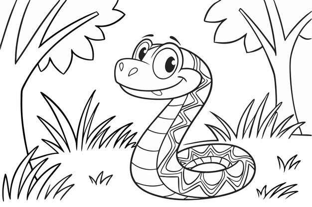Una serpiente de cascabel, un poco de hierba y un libro de colorear árboles.