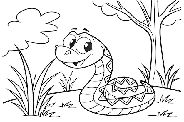 Una serpiente de cascabel, un poco de hierba y un libro de colorear árboles.