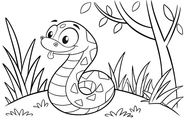 Una serpiente de cascabel, un poco de hierba y un libro de colorear árboles.