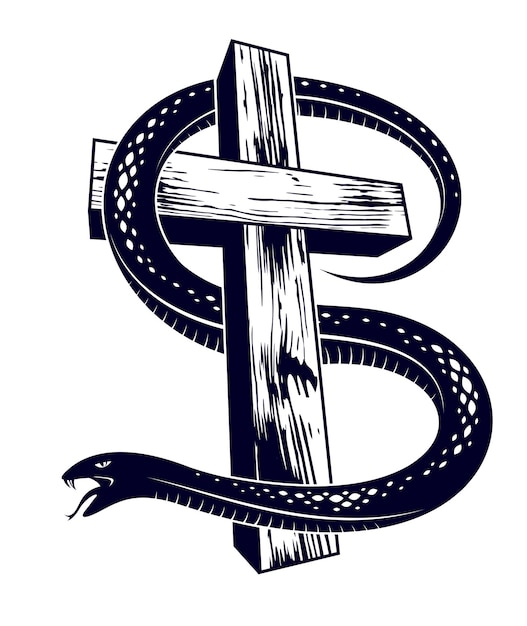 Vector serpiente en una cruz tatuaje vintage, serpiente envuelve una cruz cristiana, alegoría de dios y el diablo, la lucha entre el bien y el mal, logotipo o emblema de ilustración vectorial simbólica.