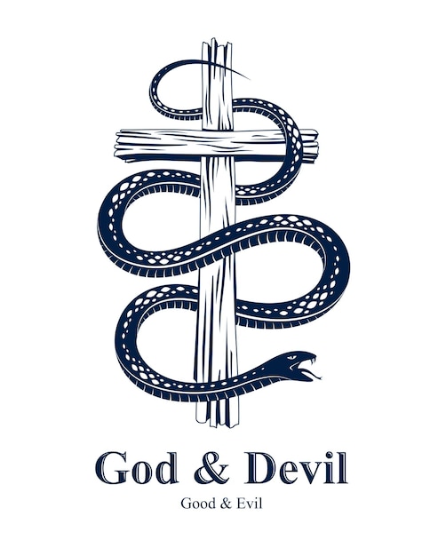 Serpiente en una cruz tatuaje vintage, serpiente envuelve una cruz cristiana, alegoría de Dios y el diablo, la lucha entre el bien y el mal, logotipo o emblema de ilustración vectorial simbólica.