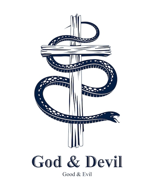 Serpiente en una cruz tatuaje vintage, serpiente envuelve una cruz cristiana, alegoría de Dios y el diablo, la lucha entre el bien y el mal, logotipo o emblema de ilustración vectorial simbólica.