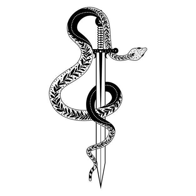 Una serpiente deslizante entrelaza una espada mística en un cautivador diseño de tatuaje vectorial