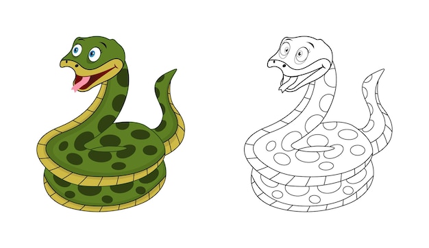 Serpiente de dibujos animados feliz con arte lineal, dibujo de serpiente color menos página aislada sobre fondo blanco.