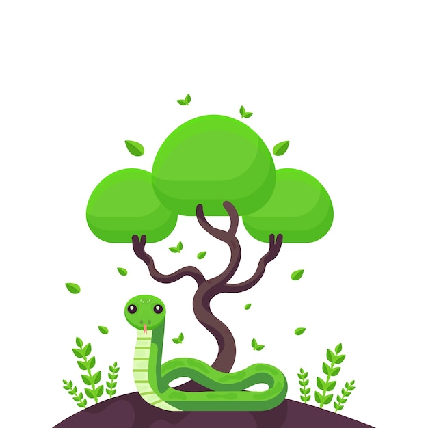 serpiente de dibujos animados de vector plano bajo un árbol aislado en fondo blanco