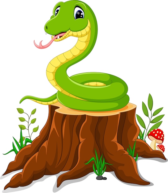 Serpiente divertida de dibujos animados en tocón de árbol