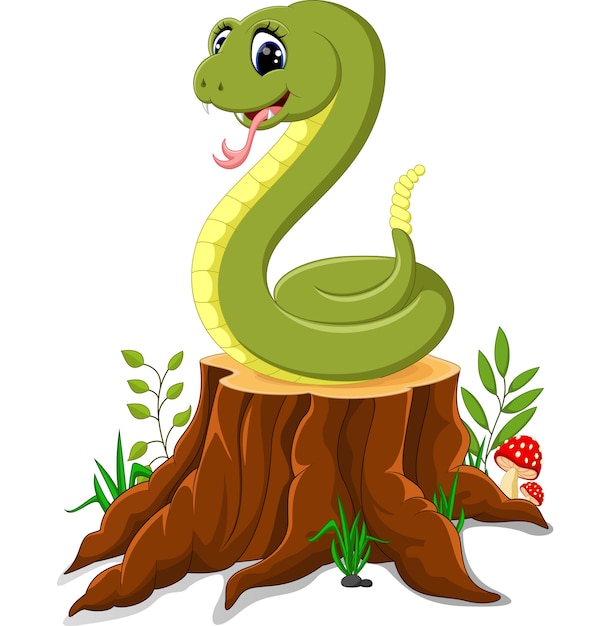 Serpiente divertida de dibujos animados en tocón de árbol