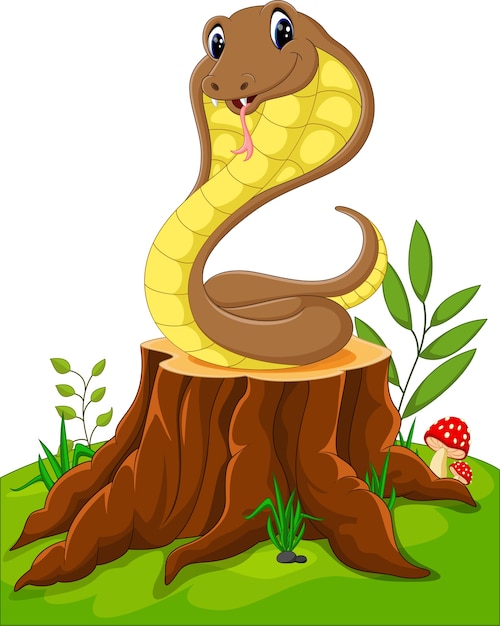 Serpiente divertida de dibujos animados en tocón de árbol