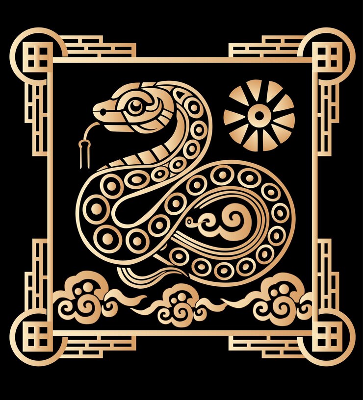 Vector serpiente dorada con borde de ornamento chino