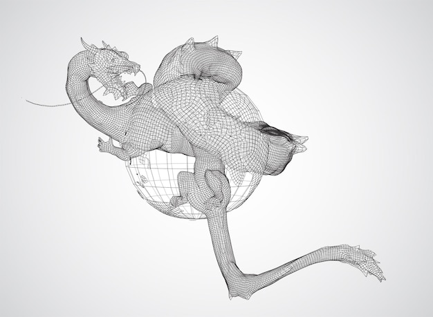 Serpiente dragón larga vectorial aislada sobre fondo blanco en estilo poligonal 3d