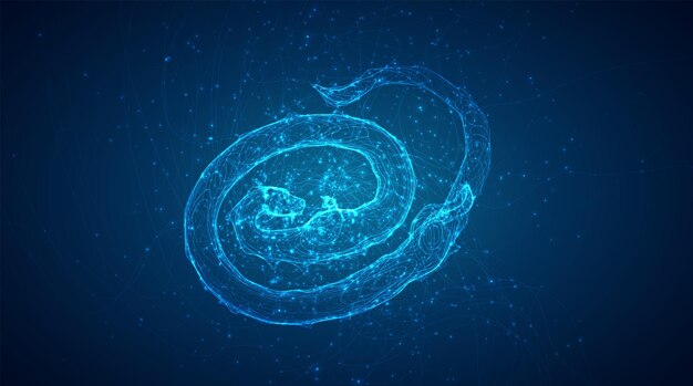 Serpiente de dragón larga vectorial sobre un fondo azul oscuro profundo al estilo de hilos mágicos que brillan intensamente