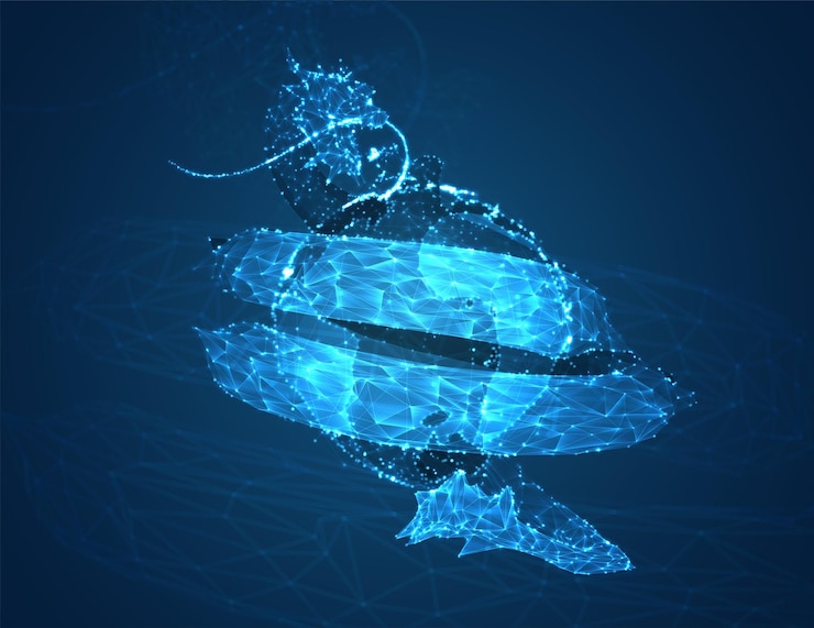 Vector serpiente dragón larga vectorial sobre un fondo azul oscuro profundo al estilo de polígonos triangulares y cristales brillantes