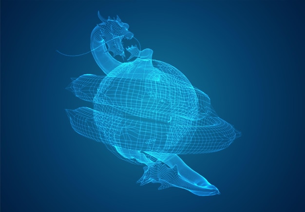 Serpiente dragón larga vectorial sobre un fondo azul oscuro profundo en estilo polígono cuadrado 3D