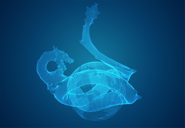Serpiente dragón larga vectorial sobre un fondo azul oscuro profundo en estilo polígono cuadrado 3D