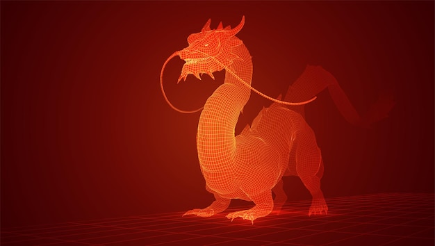 Serpiente dragón larga vectorial sobre fondo rojo en estilo poligonal 3d