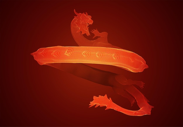 Serpiente dragón larga vectorial sobre fondo rojo en estilo poligonal 3d