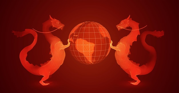 Serpiente dragón larga vectorial sobre fondo rojo en estilo poligonal 3d