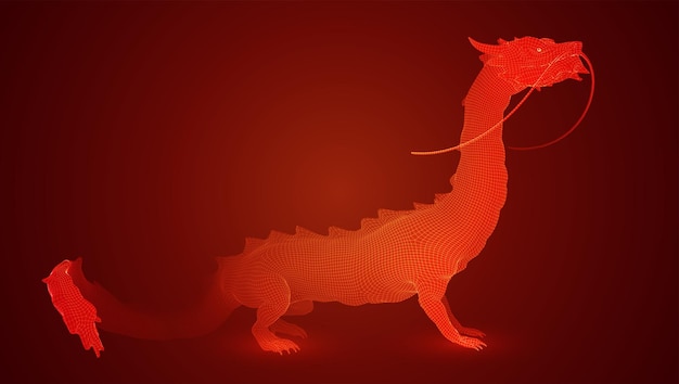 Serpiente dragón larga vectorial sobre fondo rojo en estilo poligonal 3d