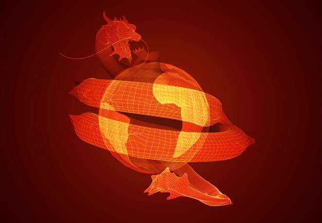 Serpiente dragón larga vectorial sobre fondo rojo en estilo poligonal 3d