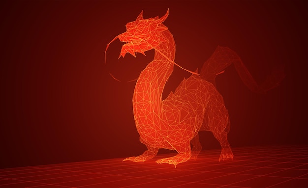 Serpiente dragón larga vectorial sobre fondo rojo en estilo poligonal 3d