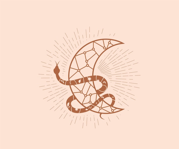 Vector serpiente envuelve luna decorativa ocultismo logotipo mágico arte lineal femenino luna elementos de diseño de serpiente