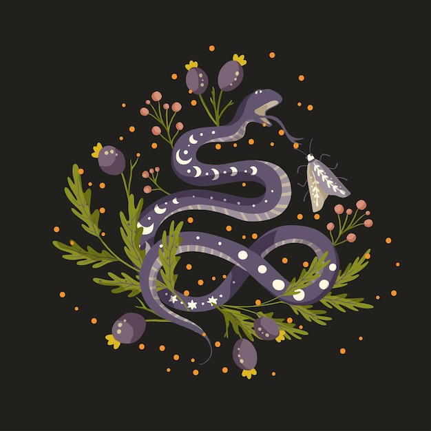 Serpiente floral fondo vector serpiente flor arte mágico