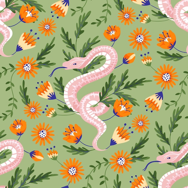 Serpiente floral de patrones sin fisuras Vector flor magia mística boho fondo