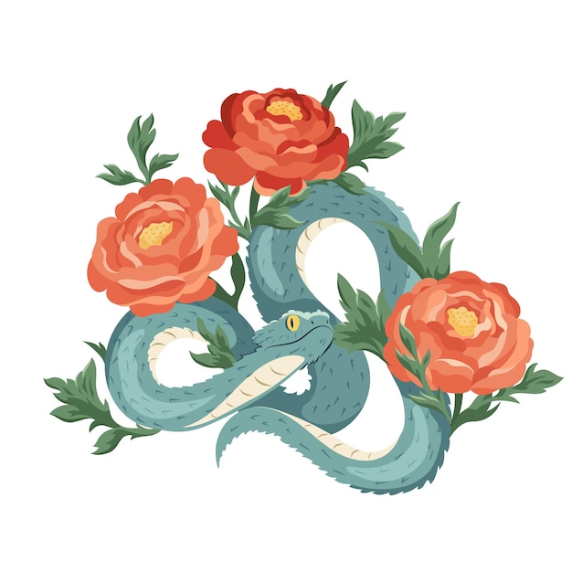Serpiente con flores de ranúnculo rojo plantilla de ilustración vectorial para 2025 Año de la Serpiente Composición de flores exóticas con símbolo del año nuevo chino Tipografía para imprimir camiseta tarjeta volante pancarta