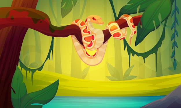 Serpiente en el fondo de la selva Escena forestal de dibujos animados Animales venenosos Serpientes en las ramas de los árboles Naturaleza de los bosques tropicales Reptilios en la vida silvestre Cobra rastrera Pitón exótico Ilustración vectorial