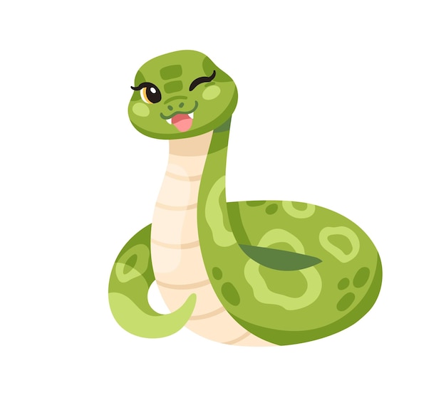 Serpiente linda y divertida sonriendo y guiñando el ojo Personaje de dibujos animados adorable feliz alegre emocionado cobra Kawaii bebé pitón víbora Niños infantil gráfico vector plano ilustración aislada sobre fondo blanco