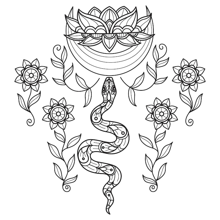 Vector serpiente y loto de luna dibujados a mano para libro de colorear para adultos