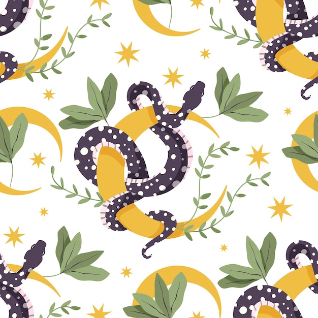 Serpiente y Luna patrón floral sin fisuras. Vector flor magia serpientes místico boho fondo moderno