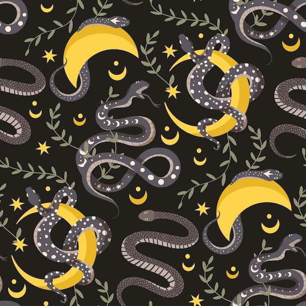 Serpiente luna patrón vectorial sin costuras