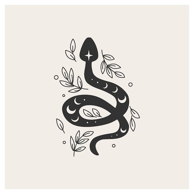 Serpiente mágica silvestre entre las hojas Símbolo de magia Ilustración vectorial Serpiente con un parpadeo ranurado