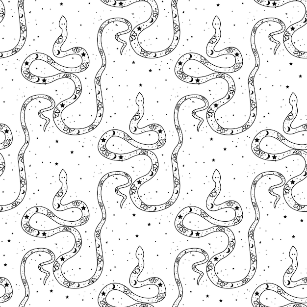Serpiente mística de patrones sin fisuras con luna y estrellas diseño de serpiente de alquimia mágica estilo de dibujos animados concepto oculto de alquimia mística